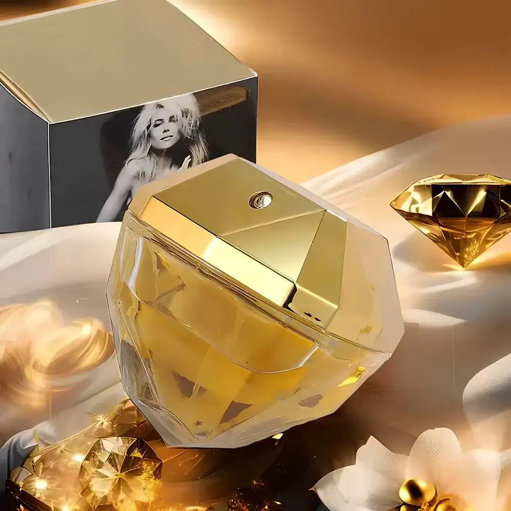 Women's Luxury Eau de Parfum 80ml - Golden Million Attraction Perfume bottle with golden accents and elegant background.