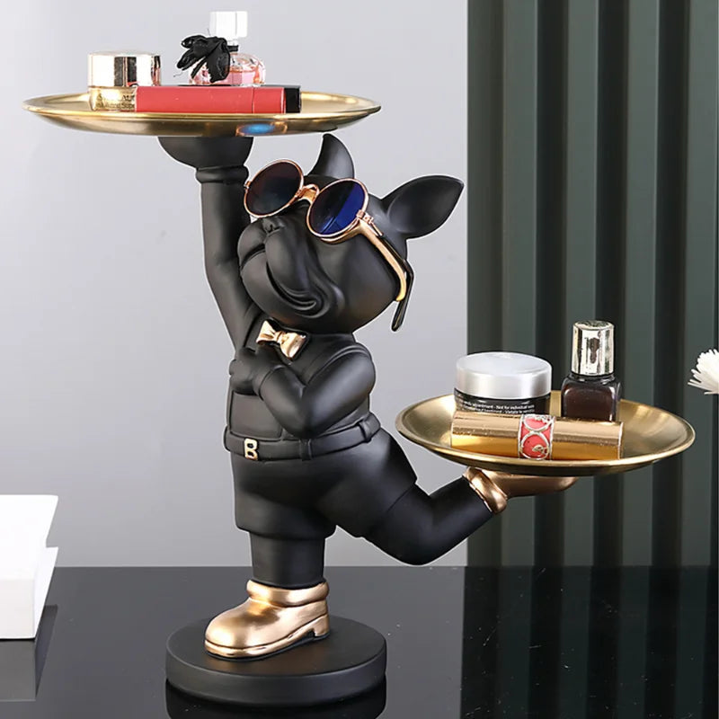 Resin Dog Statue French Bulldog Figurine Sculptures Modern Desk Decor Storage with 2 Trays Office Home Living Room Decoration