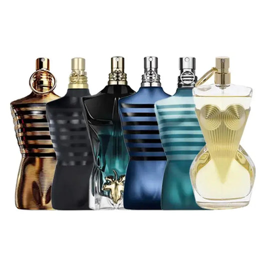 Jean Paul Gaultier Men's Perfume Collection showcasing iconic masculine fragrances in unique bottle designs.