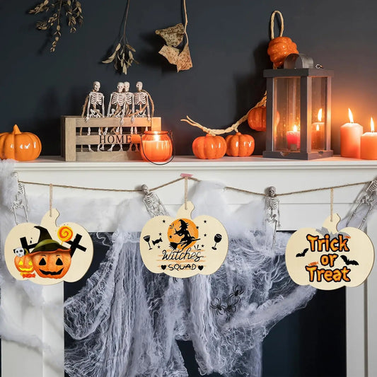 Halloween New Wooden Pumpkin Hollow Cutting Wood Chips Handmade DIY Painting Harvest Festival Hanging Decoration