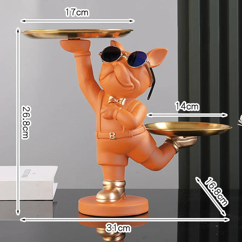 Resin Dog Statue French Bulldog Figurine Sculptures Modern Desk Decor Storage with 2 Trays Office Home Living Room Decoration