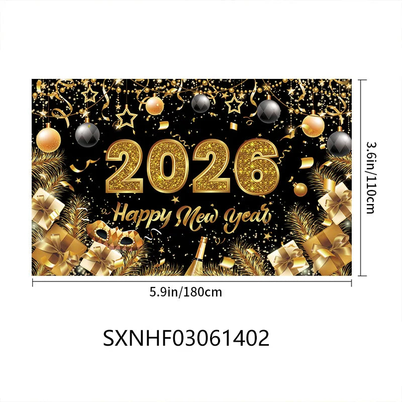 Happy New Year 2026 Photo Backdrop Banner - Party Background Decoration 180x110cm