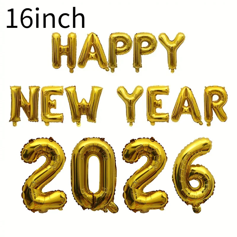 Happy New Year 2026 Number Balloons - Aluminum Foil Balloon Banner Set