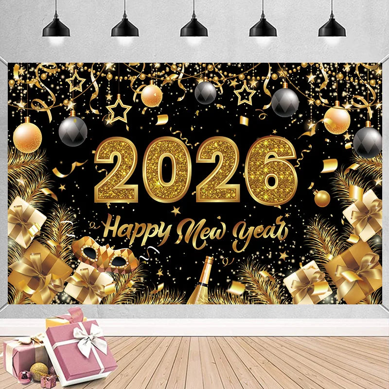 Happy New Year 2026 Photo Backdrop Banner - Party Background Decoration 180x110cm