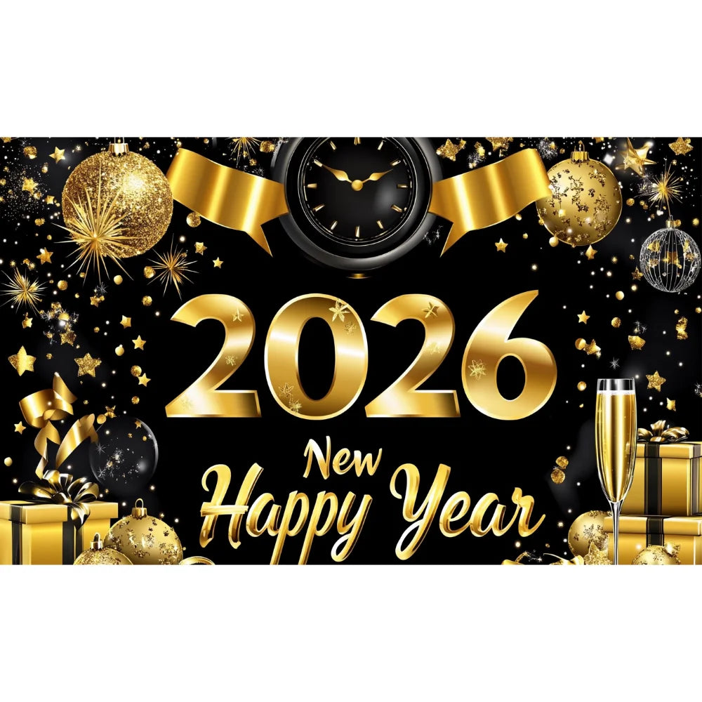 Happy New Year 2026 Photo Backdrop Banner - Party Background Decoration 180x110cm