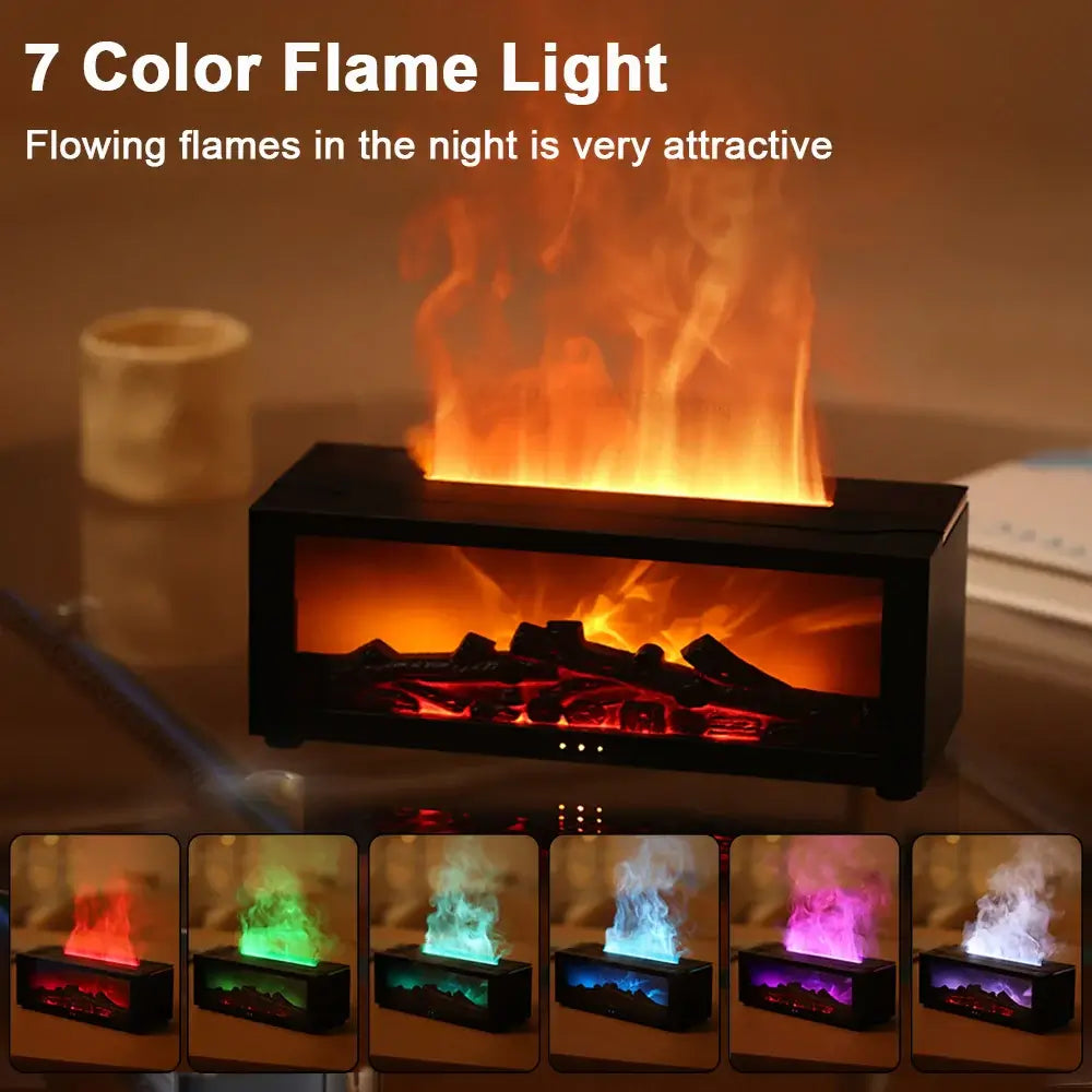 Flame aroma diffuser with 7 color flame light effect creating a relaxing ambiance for aromatherapy.