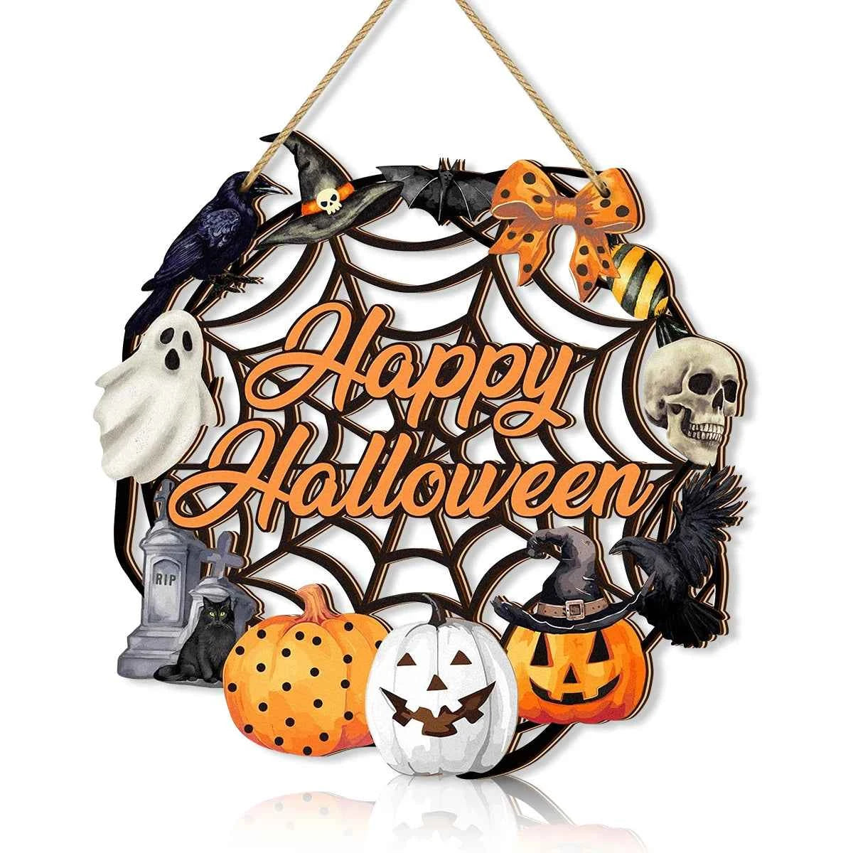 Halloween-themed decorative wreath with pumpkins, ghosts, and text on a white background