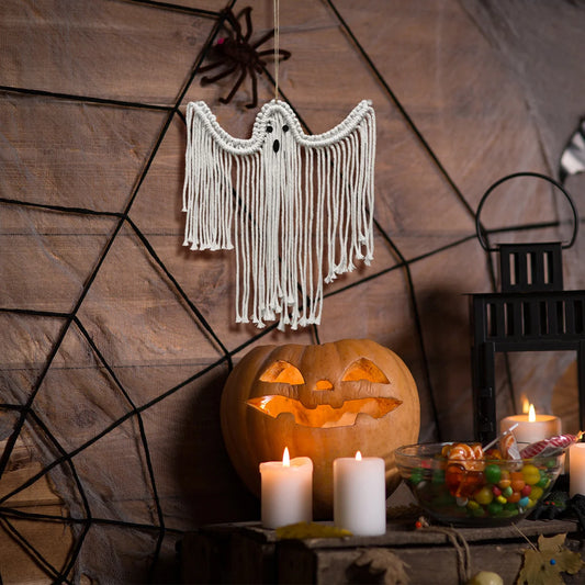 Halloween Ghost Wall Hanging Decor, Macrame Fringe Spooky Ghost Ornaments, for Home, Living Room, Fireplace, Haunted House Decor