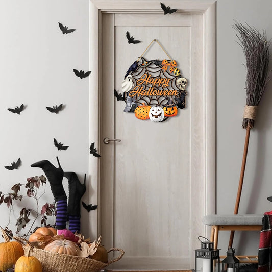 Spooky Halloween Wooden Wall Decor with "Happy Halloween" and Classic Symbols - Perfect for Seasonal Home Decoration