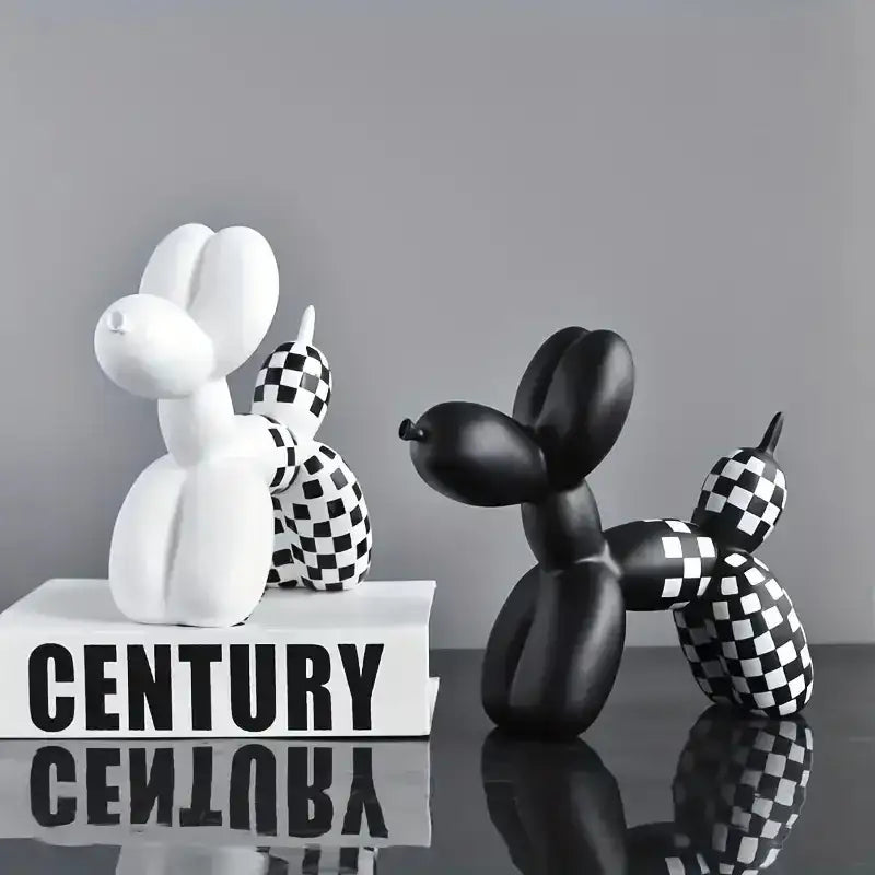 Black and white checkered balloon dog statue