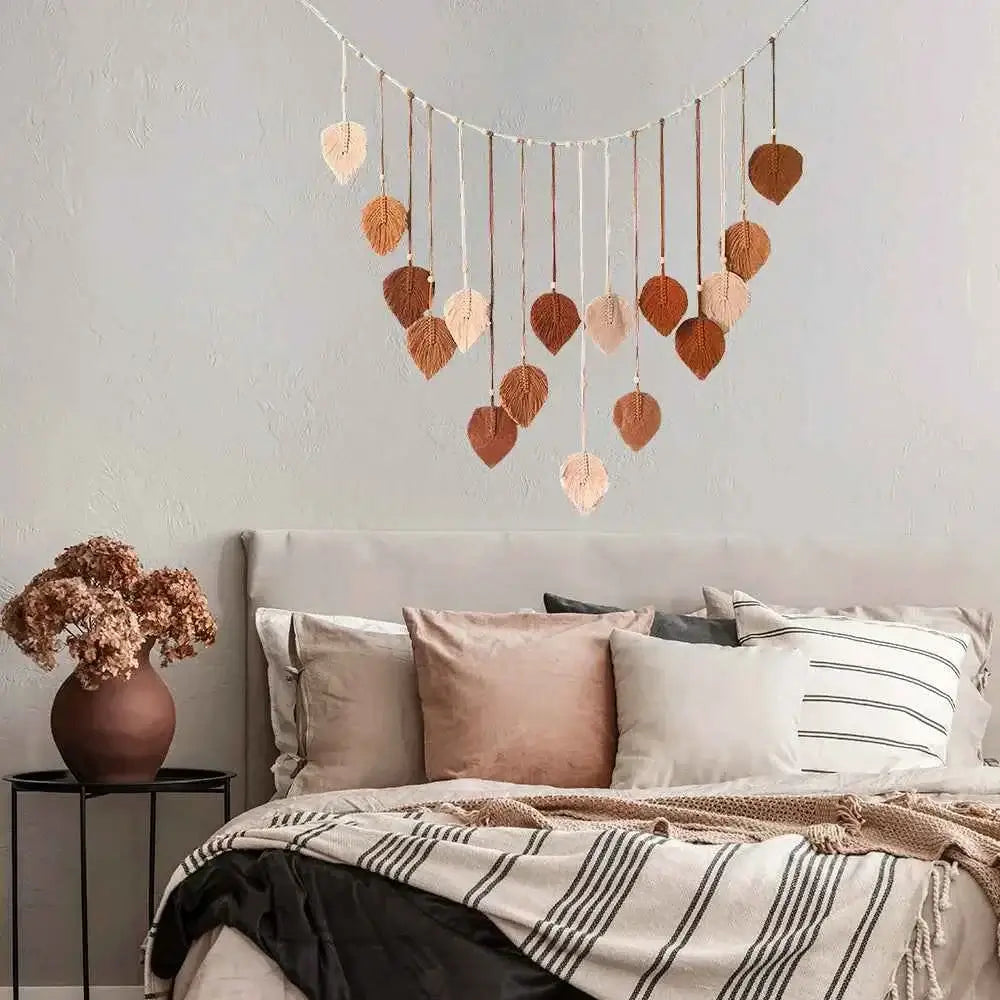 Boho Home Decoration, Macrame Tapestry Macrame Leaf Feather Wall Hanging Decor for Living Room Bedroom, Boho Wall Art Home Decor