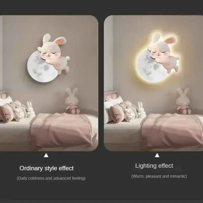 Cartoon Rabbit LED Wall Painting - Modern Bedroom Headboard Decoration with Light