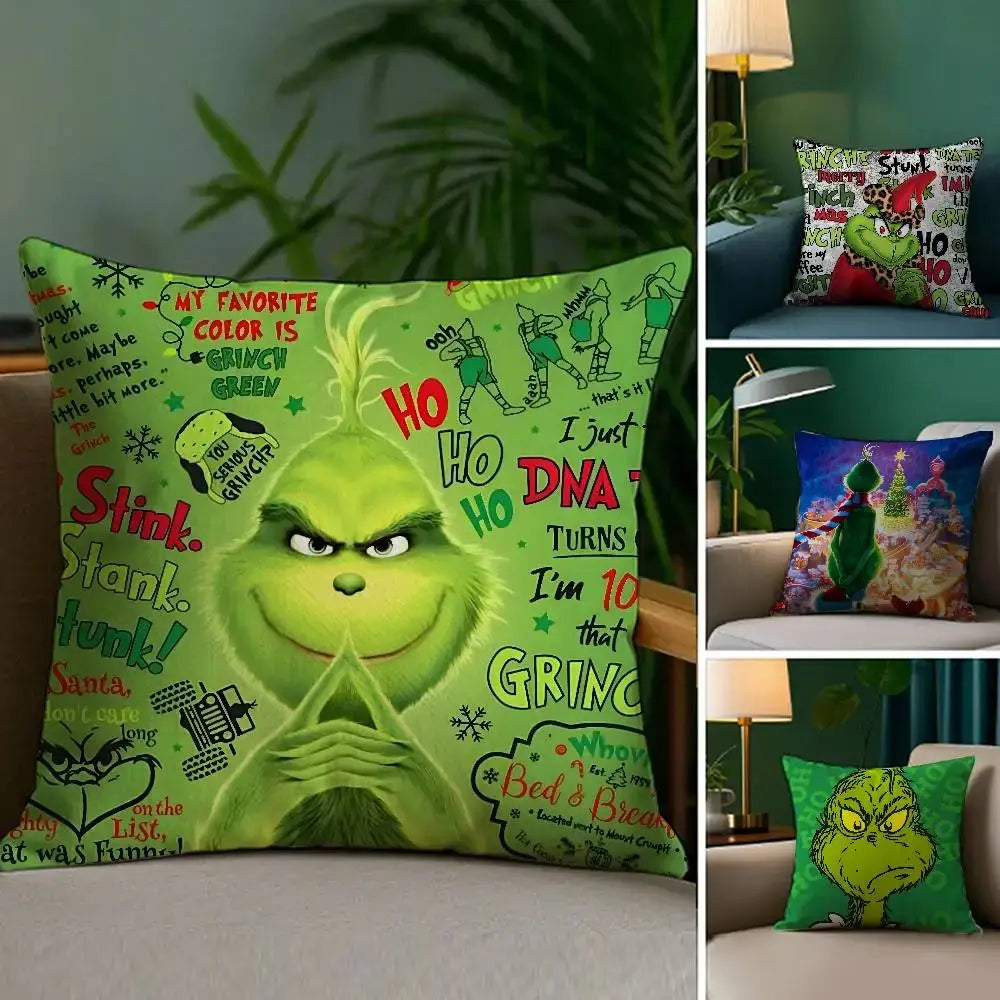 Christmas Grinch Pillow Case - Plush Soft Double-Sided Print Sofa Cushion Cover for Holiday Decor