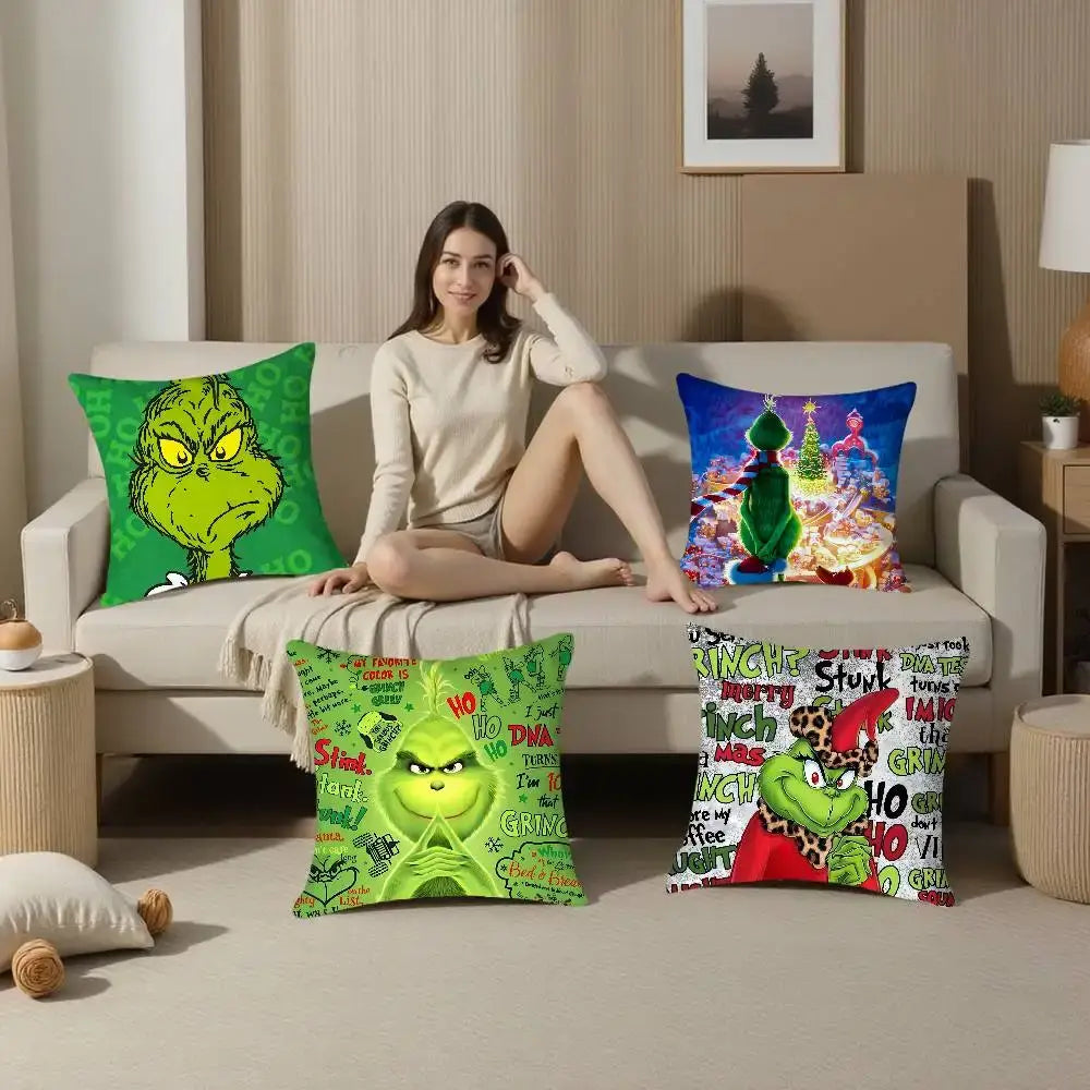 Christmas Grinch Pillow Case - Plush Soft Double-Sided Print Sofa Cushion Cover for Holiday Decor