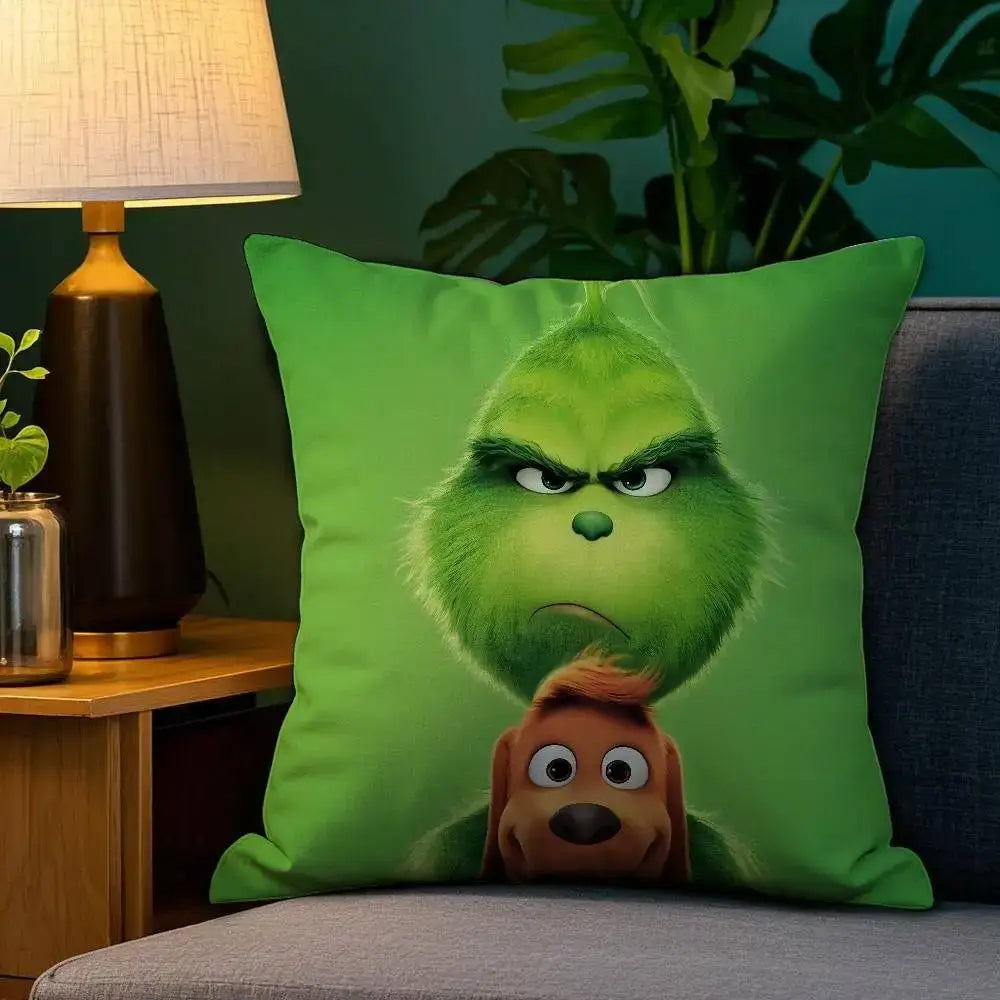 Christmas Grinch Pillow Case - Plush Soft Double-Sided Print Sofa Cushion Cover for Holiday Decor