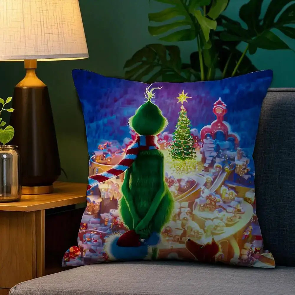 Christmas Grinch Pillow Case - Plush Soft Double-Sided Print Sofa Cushion Cover for Holiday Decor