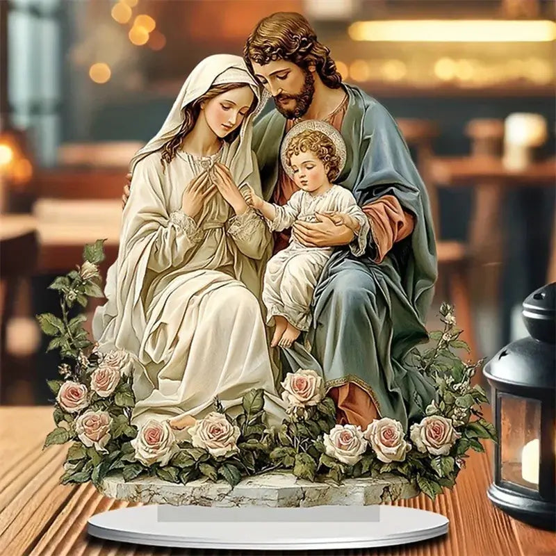 Christmas Holy Family Centerpiece - Nativity Table Sign with Base for Home & Party Decor