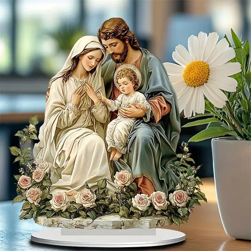 Christmas Holy Family Centerpiece - Nativity Table Sign with Base for Home & Party Decor