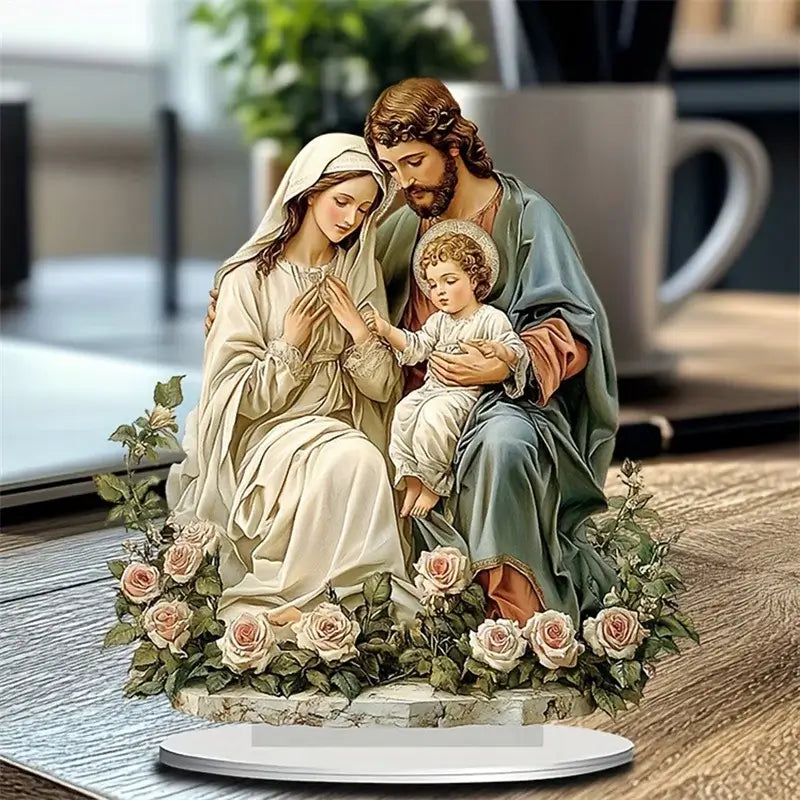 Christmas Holy Family Centerpiece - Nativity Table Sign with Base for Home & Party Decor