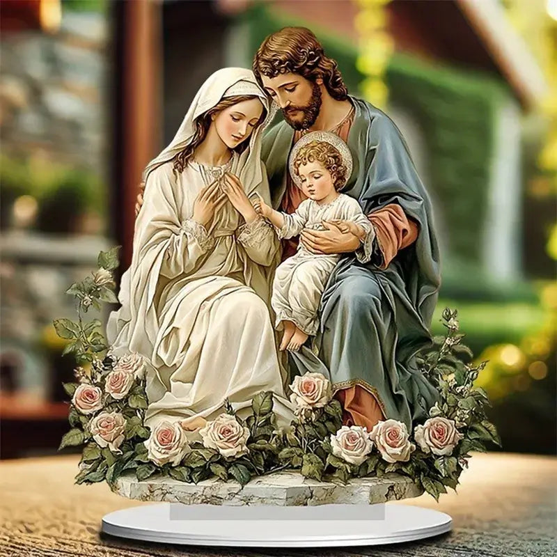 Christmas Holy Family Centerpiece - Nativity Table Sign with Base for Home & Party Decor