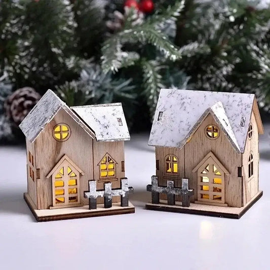 Christmas LED Luminous Wooden House - Merry Christmas Home Decoration & DIY Xmas Tree Ornament Gift