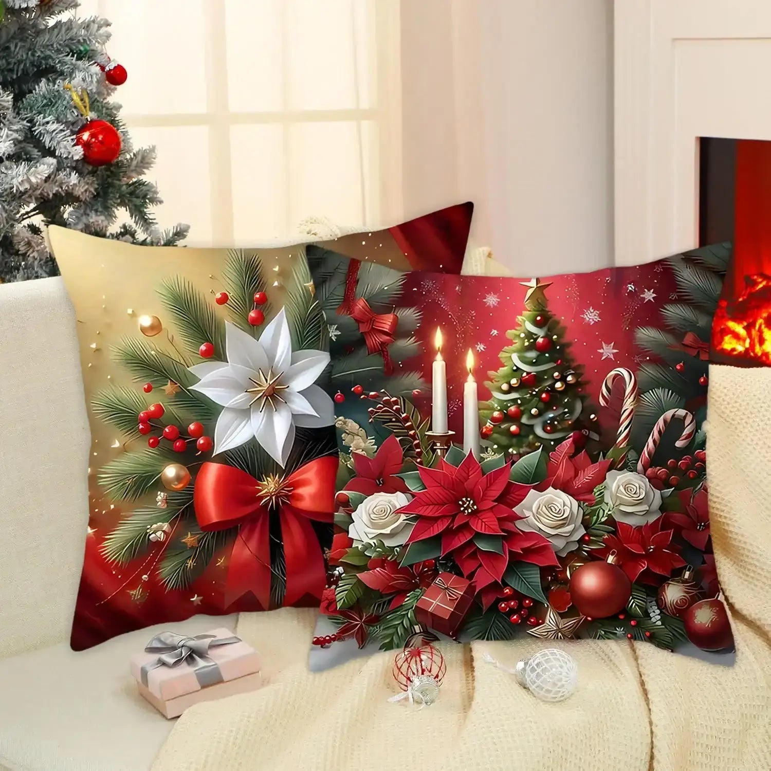 Christmas-themed throw pillow with festive poinsettia and pine designs, featuring red bows and greenery on a white background.