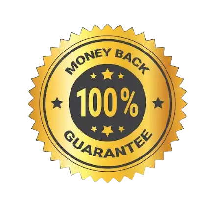 Gold circular seal with ’100% money back guarantee’ text and star accents.