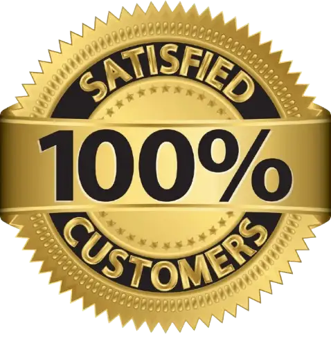 Gold circular seal with ’100% satisfied customers’ text in black and gold.