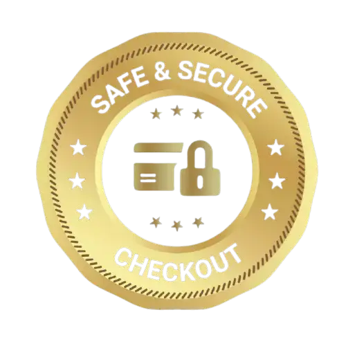 Gold-colored secure checkout badge with a lock and suitcase design, stars around the edge.