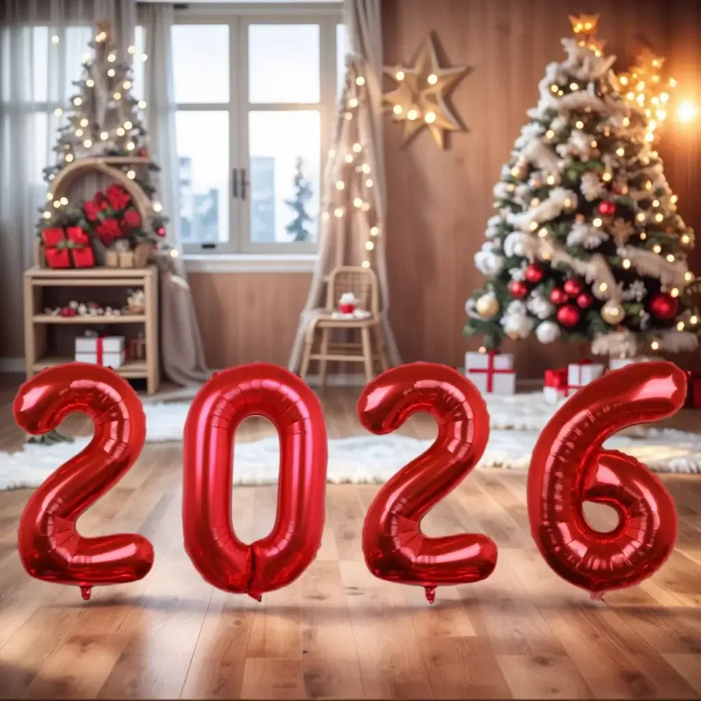 Happy New Year 2026 Number Balloons - Aluminum Foil Balloon Banner Set