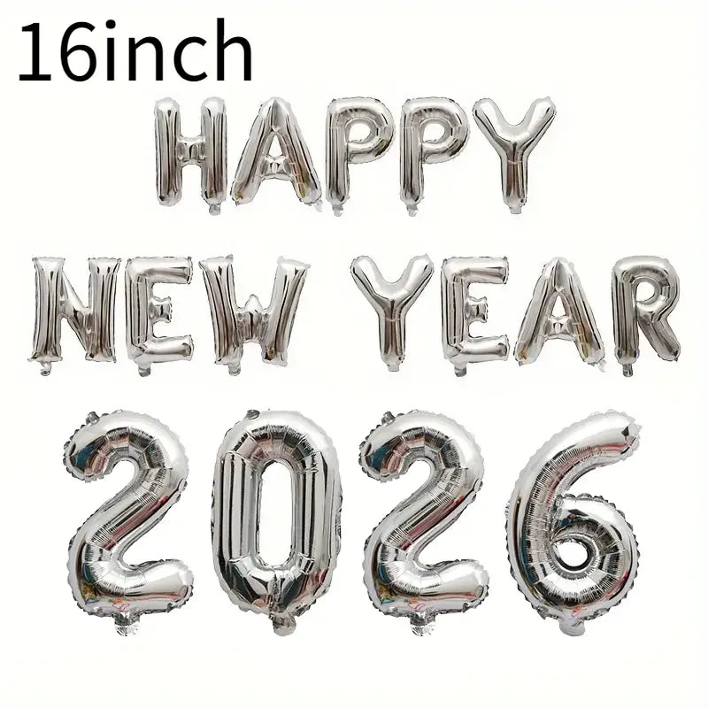 Happy New Year 2026 Number Balloons - Aluminum Foil Balloon Banner Set