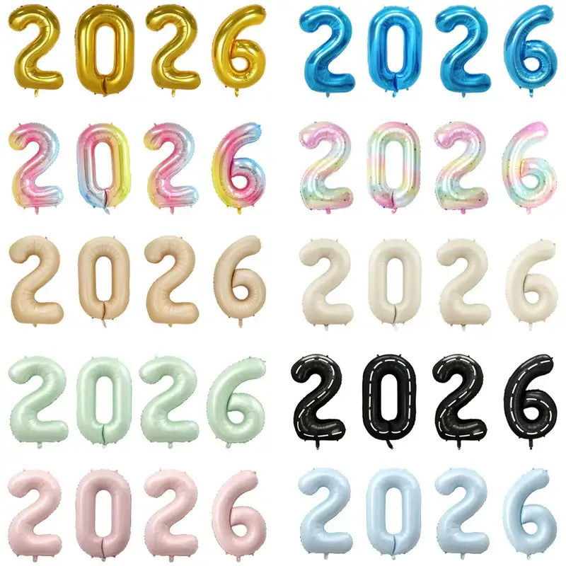 Happy New Year 2026 Number Balloons - Aluminum Foil Balloon Banner Set