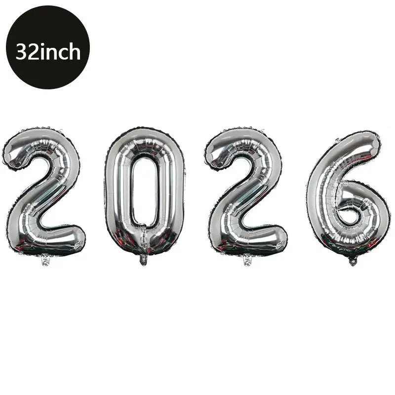 Happy New Year 2026 Number Balloons - Aluminum Foil Balloon Banner Set