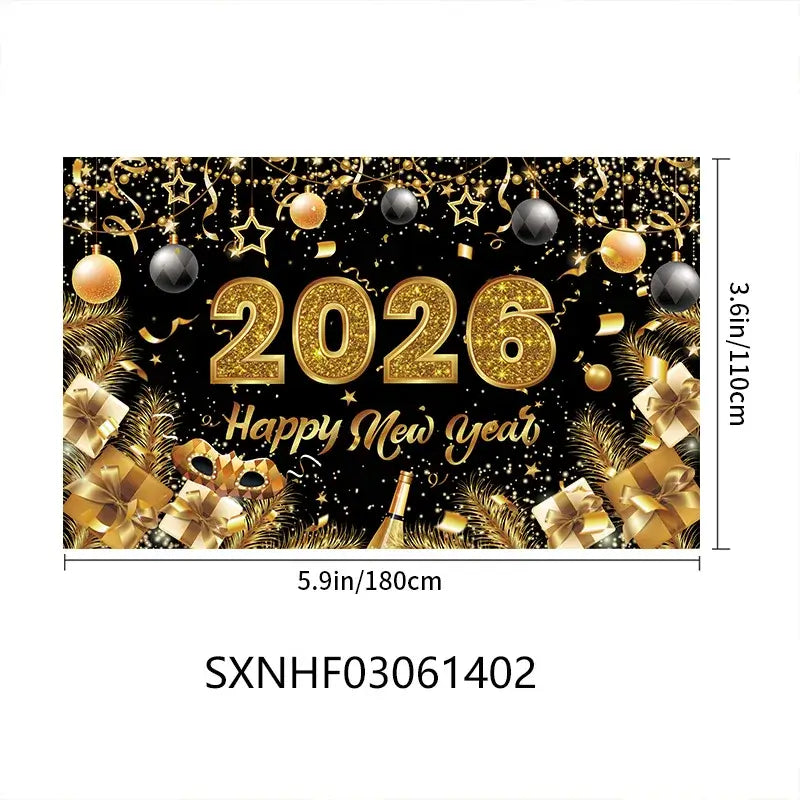 Happy New Year 2026 Photo Backdrop Banner - Party Background Decoration 180x110cm