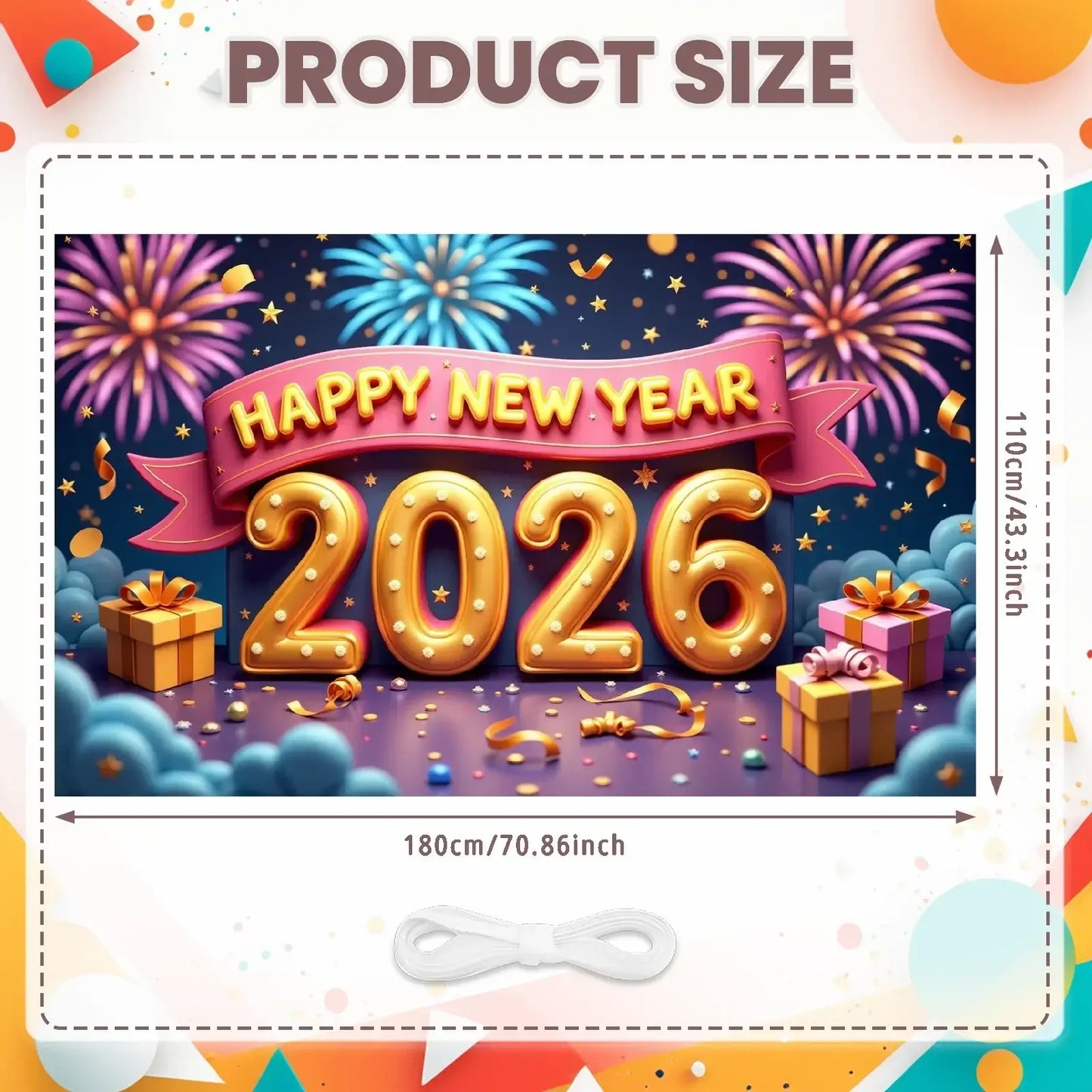 Happy New Year 2026 Photo Backdrop Banner - Party Background Decoration 180x110cm