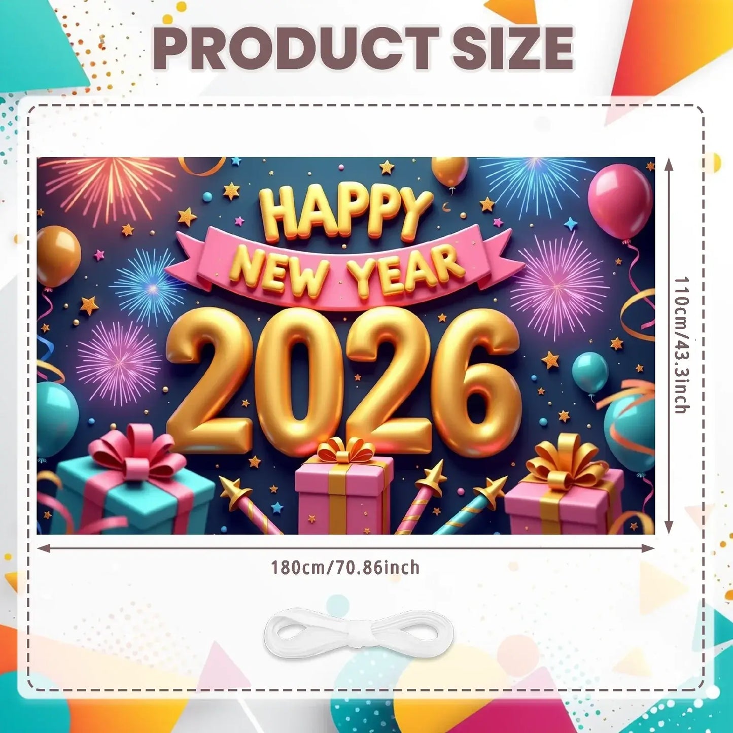 Happy New Year 2026 Photo Backdrop Banner - Party Background Decoration 180x110cm