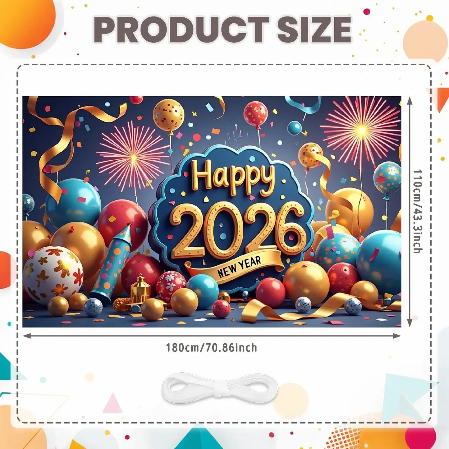 Happy New Year 2026 Photo Backdrop Banner - Party Background Decoration 180x110cm