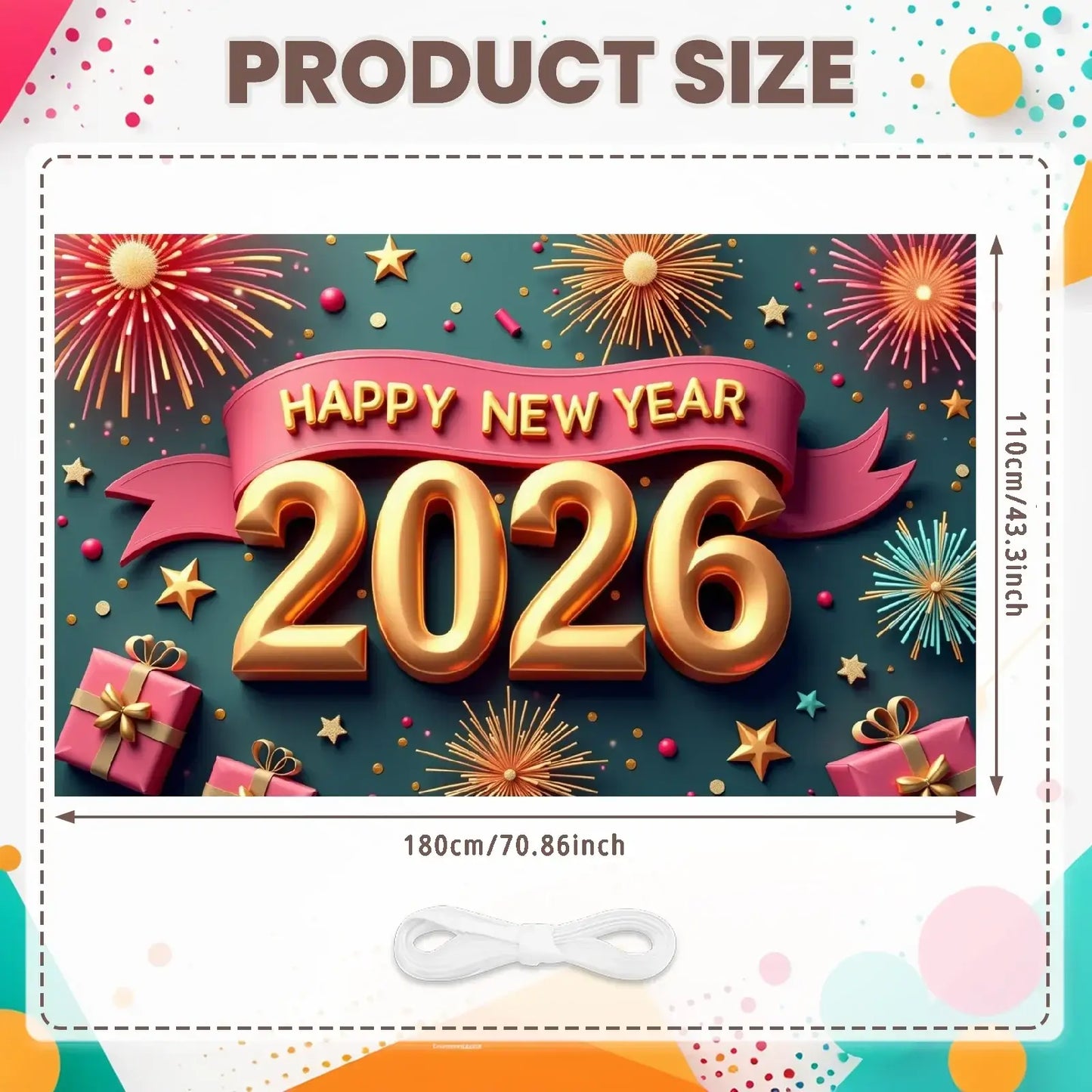 Happy New Year 2026 Photo Backdrop Banner - Party Background Decoration 180x110cm
