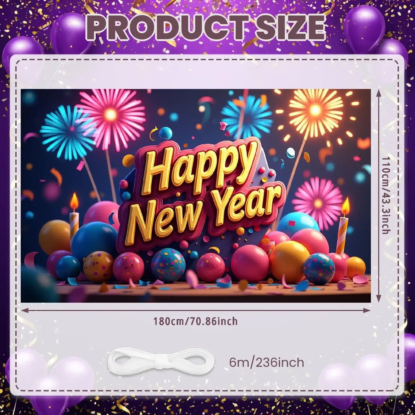 Happy New Year 2026 Photo Backdrop Banner - Party Background Decoration 180x110cm