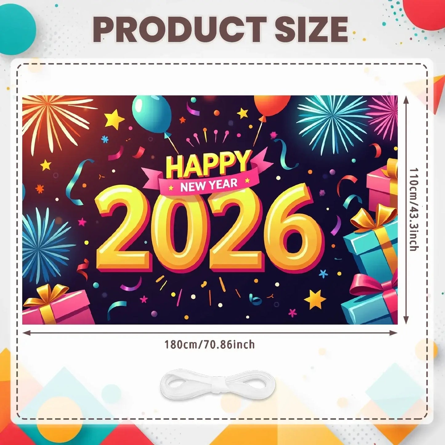 Happy New Year 2026 Photo Backdrop Banner - Party Background Decoration 180x110cm