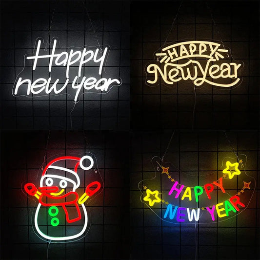 Happy New Year Neon Sign - USB Powered Snowman LED Light for Party Decor