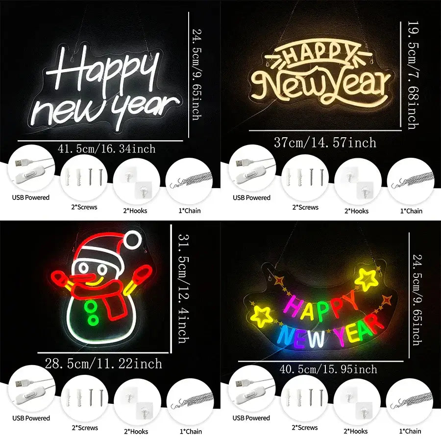 Happy New Year Neon Sign - USB Powered Snowman LED Light for Party Decor
