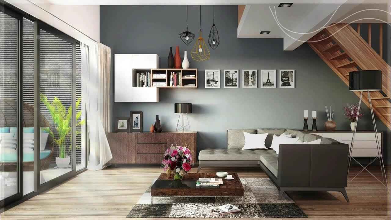 Modern living room with gray walls, wooden floor, and stylish furniture.