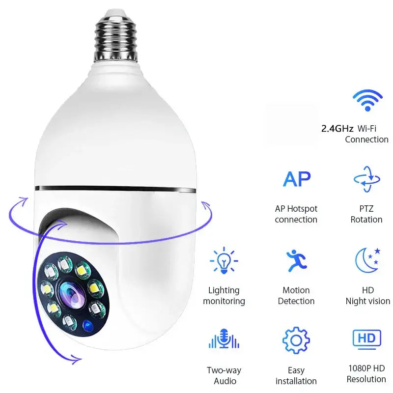 Lamp Bulb Camera 360° Swivelling Ip Camera 1080p Outdoor Waterproof Night Zoom
