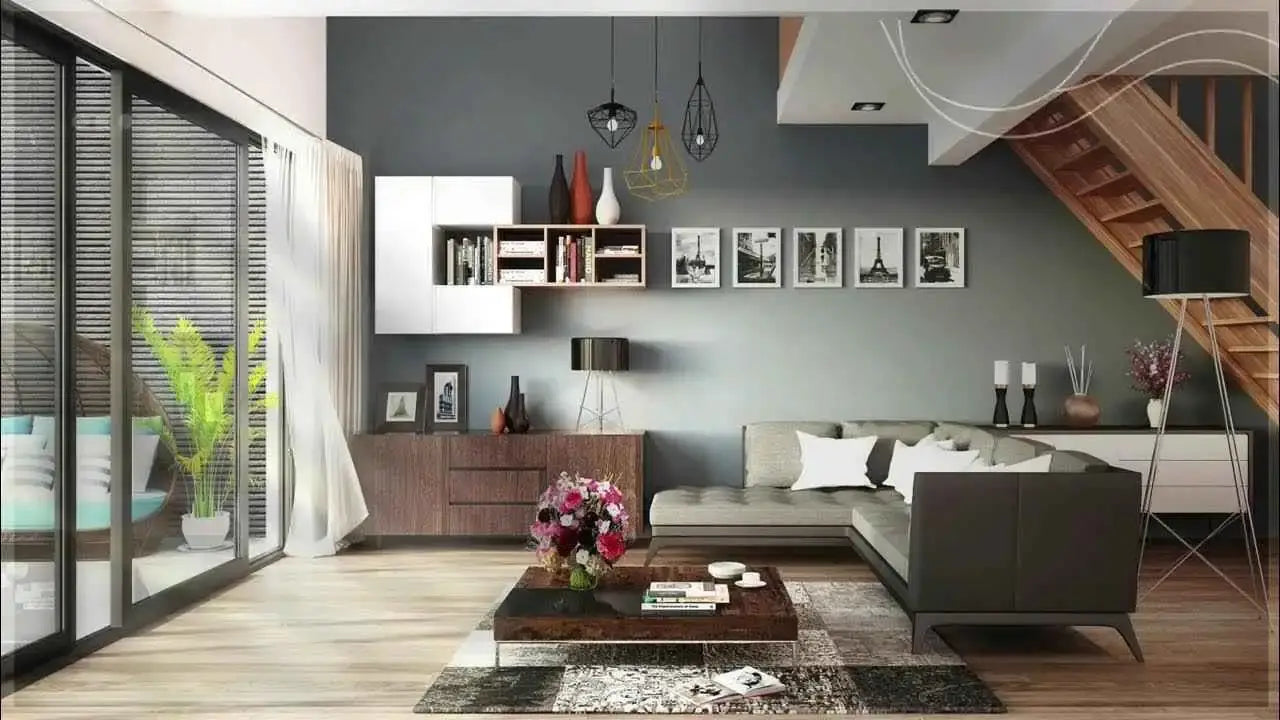 Modern living room with gray walls, wooden floor, and stylish furniture.