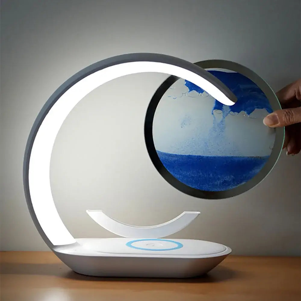 Quicksand Table Lamp Wireless Charging Desk Lamp 3D Hourglass Ornaments Sand Painting Night Light for Office Room Decoration