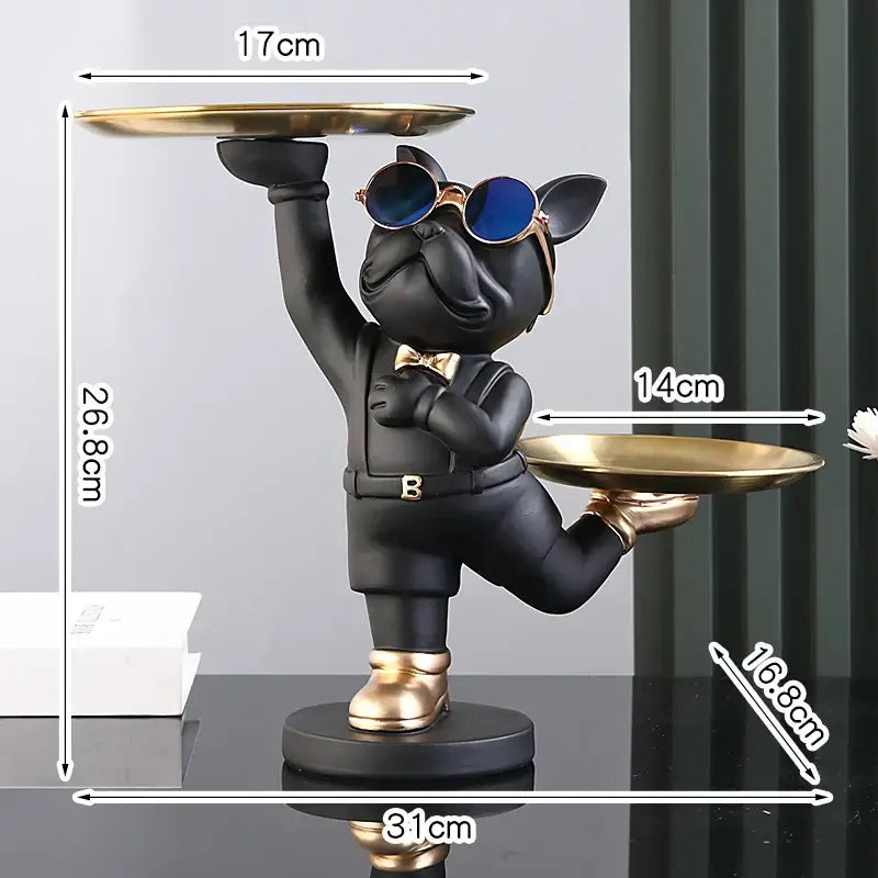 Resin Dog Statue French Bulldog Figurine Sculptures Modern Desk Decor Storage with 2 Trays Office Home Living Room Decoration