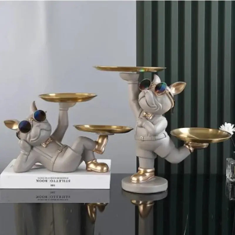 Resin Dog Statue French Bulldog Figurine Sculptures Modern Desk Decor Storage with 2 Trays Office Home Living Room Decoration