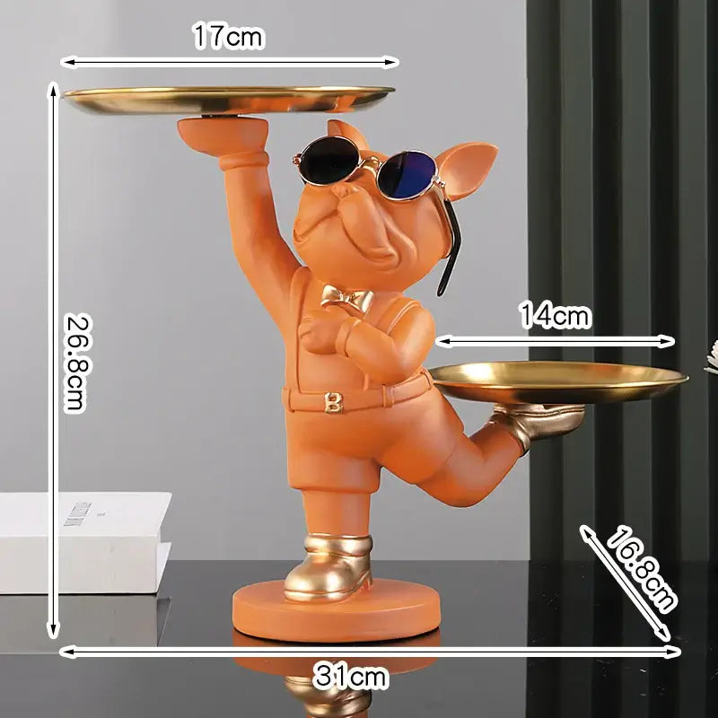 Resin Dog Statue French Bulldog Figurine Sculptures Modern Desk Decor Storage with 2 Trays Office Home Living Room Decoration