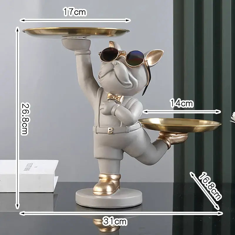 Resin Dog Statue French Bulldog Figurine Sculptures Modern Desk Decor Storage with 2 Trays Office Home Living Room Decoration